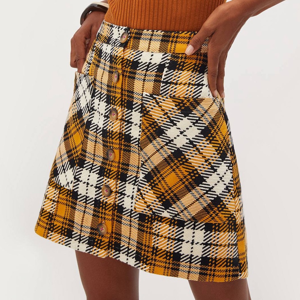 Maeve Yellow and Black Plaid Wool-Blend Skirt | Anthropologie | Size 2